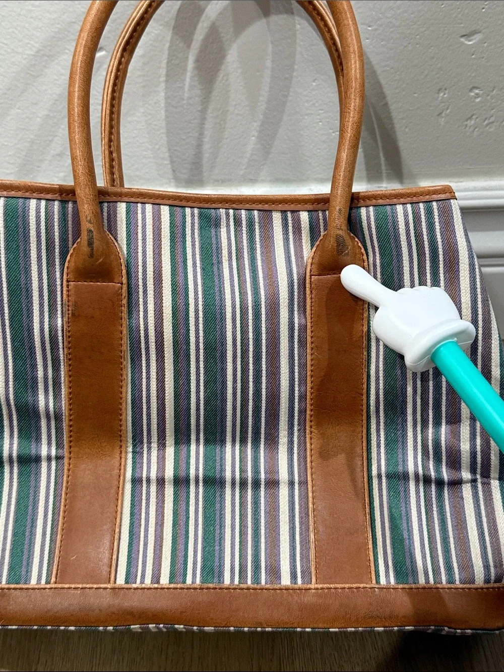 Coach Striped Canvas Mini Tote with Tan Leather Trim